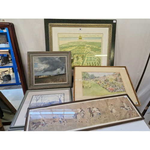 41 - Five various prints and originals incl. oil on board of a landscape, watercolour of a walled garden,... 