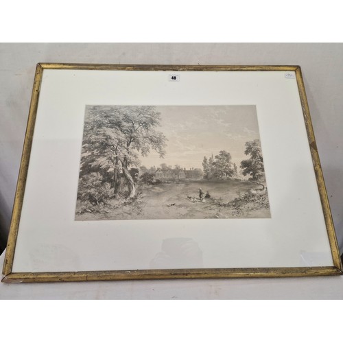 48 - Mixed medium watercolour of figures and dogs in a country house parkland landscape, unsigned, approx... 