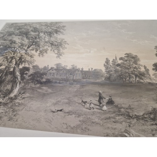 48 - Mixed medium watercolour of figures and dogs in a country house parkland landscape, unsigned, approx... 