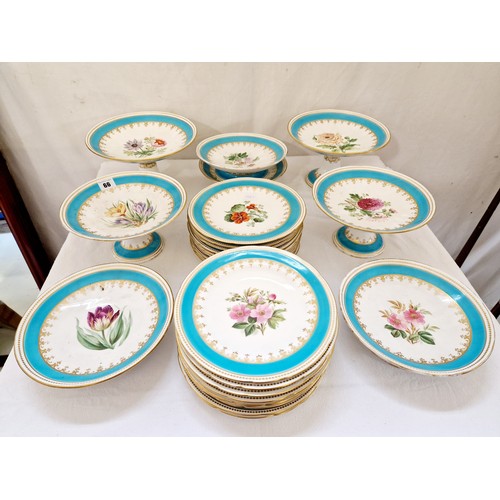 66 - Qty of 19th century hand painted floral dinner ware with turquoise and gilt borders