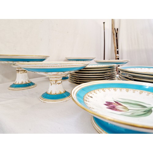 66 - Qty of 19th century hand painted floral dinner ware with turquoise and gilt borders