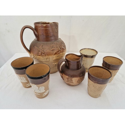 67 - Qty of stoneware and Doulton Lambeth jugs and beakers, various damage and chips