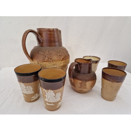 67 - Qty of stoneware and Doulton Lambeth jugs and beakers, various damage and chips