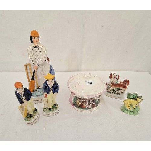 70 - Various Staffordshire ware incl. cricketing flatbacks, sailors return, lidded jar (broken handle) et... 