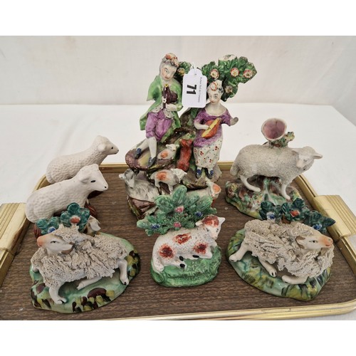 71 - Seven various Staffordshire sheep figurines and spill vases