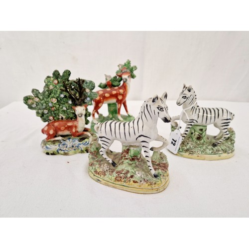 72 - Pair of Staffordshire Zebra figurines and pair of deer (damage to latter)