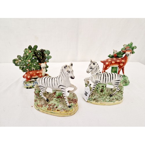 72 - Pair of Staffordshire Zebra figurines and pair of deer (damage to latter)