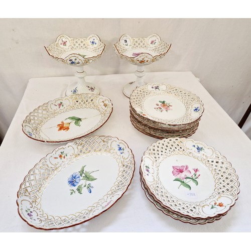 73 - Qty of 19th century German decorative hand painted floral tableware comprising comports, pierced pla... 