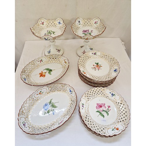 73 - Qty of 19th century German decorative hand painted floral tableware comprising comports, pierced pla... 