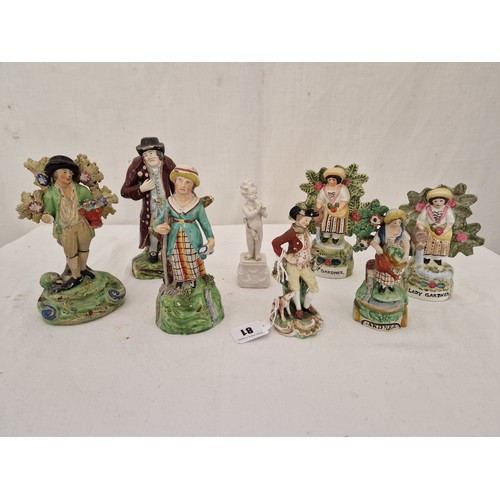 81 - Collection of 7 various Staffordshire figurines incl. Lady Gardner and damaged Cherub figurine