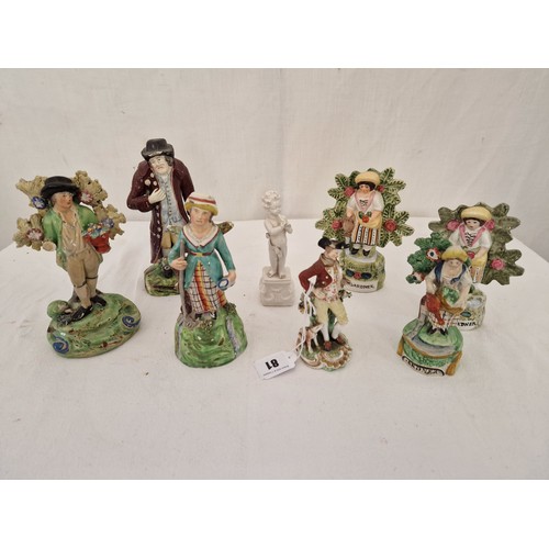 81 - Collection of 7 various Staffordshire figurines incl. Lady Gardner and damaged Cherub figurine