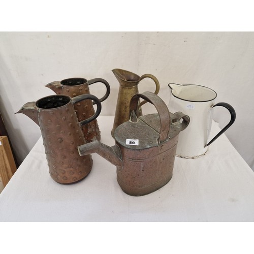 89 - Qty of metalware comprising copper jug, watering can and enamel milk jug