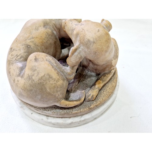 79 - A terracotta group of two pups at play on a circular white marble plinth, signed 'J. Gott FT' on the... 