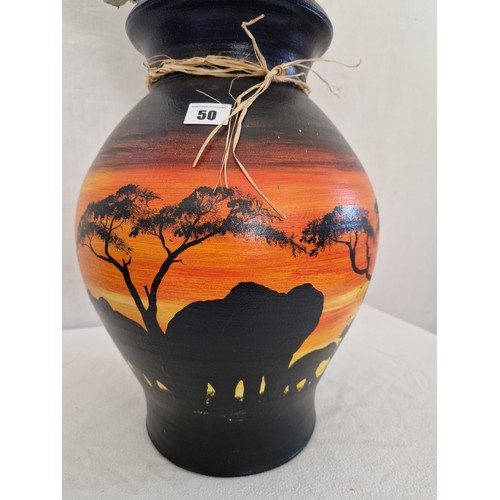 50 - Afripots pottery baluster vase depicting elephants at sunset