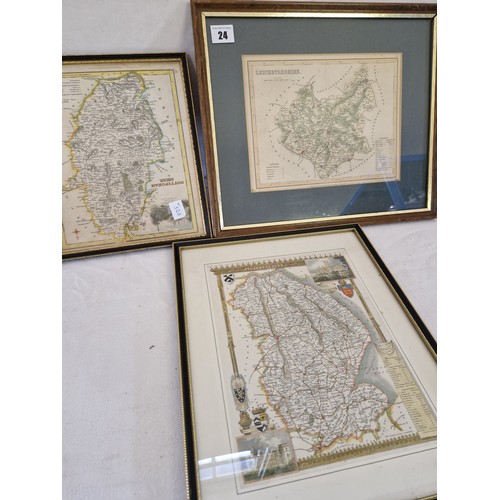 24 - Three vintage coloured country maps, Lincolnshire, Leicestershire and Nottinghamshire