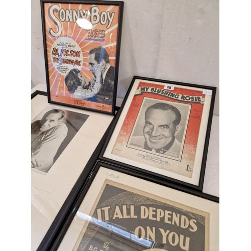 28 - Al Johnson, three vintage framed Warner Bros. prints and a framed photograph with Brunswick 78 recor... 