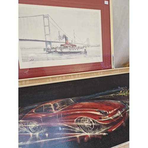37 - Print of the Lincoln Castle Humber Ferry by D. Bell, signed on the mount and an E-Type Jaguar print