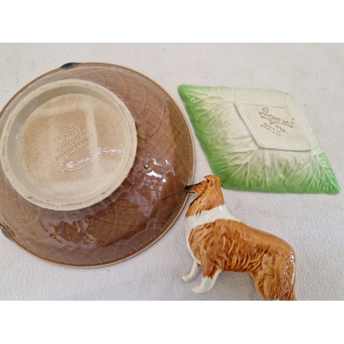 56 - Three items of ceramic comprising Wade Tortoiseshell ash tray, Beswick leaf dish and gloss collie do... 