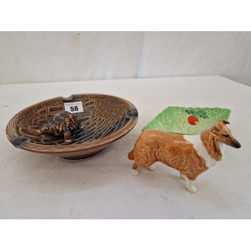 56 - Three items of ceramic comprising Wade Tortoiseshell ash tray, Beswick leaf dish and gloss collie do... 