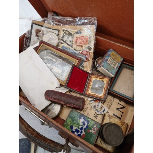 Small vintage leather-bound box case monogrammed TMM containing misc ...