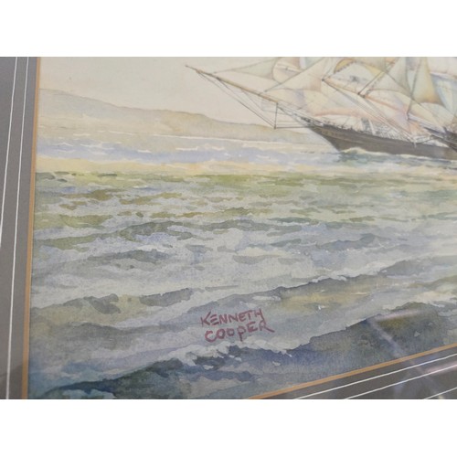 19 - Watercolour of a maritime scene with sailing ships and junk by Kenneth Cooper