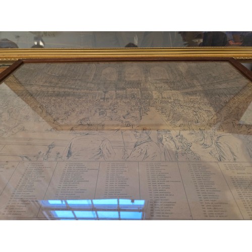 22 - Framed print of Benjamin Disraeli in the House of Lords 1880 with explanatory key