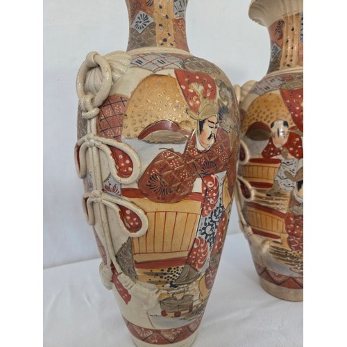 23 - Pair of Satsuma baluster vases with rope swag relief handles approx. 47cm tall