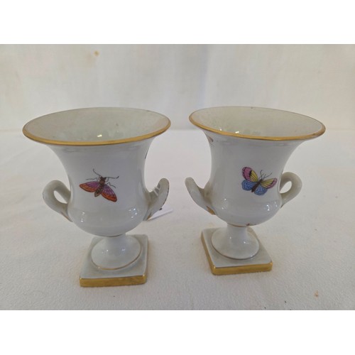 29 - Pair of Herend Rothschild Bird miniature urns on gilded square bases