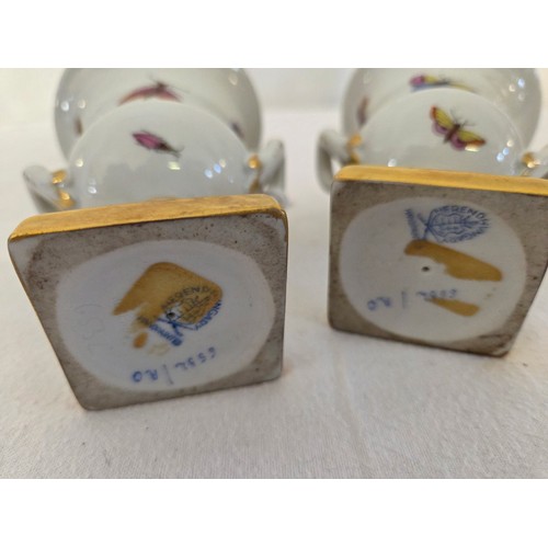 29 - Pair of Herend Rothschild Bird miniature urns on gilded square bases