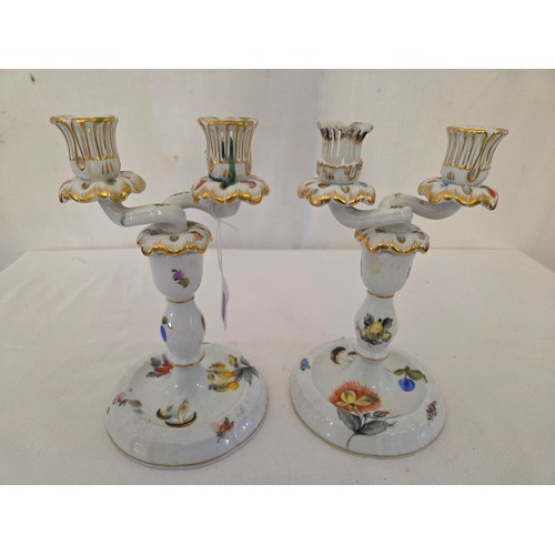 34 - Pair of Herend Rothschild two branch floral candelabra (damage to one holder on each)