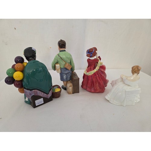 38 - Four Royal Doulton figurines comprising Top of the Hill; The Old Balloon Seller; Heather and The Boy... 