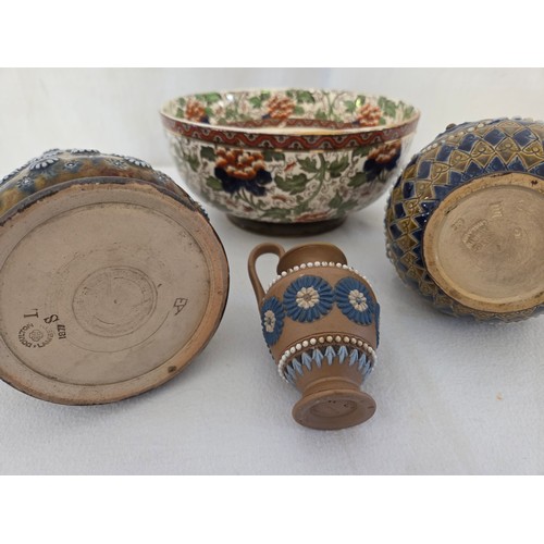 39 - Two pieces of Doulton Lambeth stoneware incl. floral geometric jug and a 2-handled vase, small stone... 