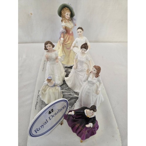 42 - Collection of 7 various Royal Doulton figurines and advertising plaque incl. Katie; Ballet Class; Ki... 