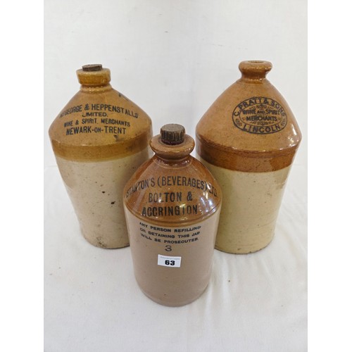 63 - Three various stoneware flagons with printed names incl. Pratt and Sons, Lincoln, Stanton's, Bolton ... 