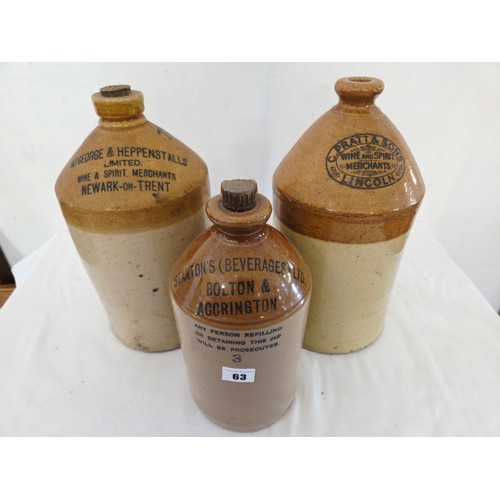 63 - Three various stoneware flagons with printed names incl. Pratt and Sons, Lincoln, Stanton's, Bolton ... 