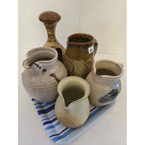 64 - Five various studio pottery jugs and vases