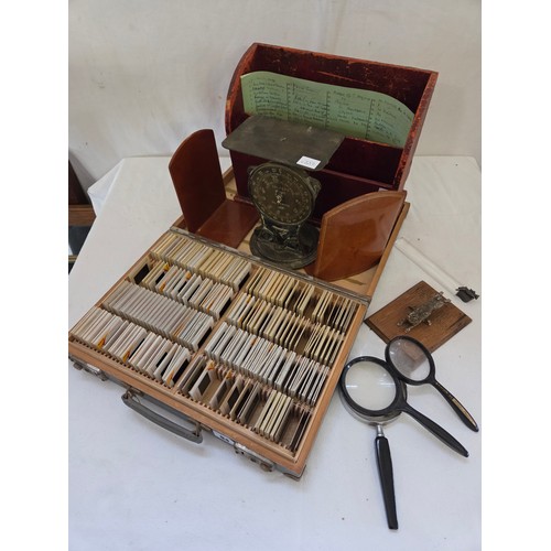 94 - Various collectors items incl. Salters No 25 vintage parcel balance, leather bound book ends, statio... 