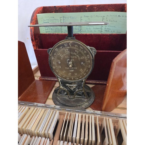 94 - Various collectors items incl. Salters No 25 vintage parcel balance, leather bound book ends, statio... 