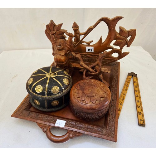 121 - Treen ware incl. Buddha figurine, carved two handled tray etc