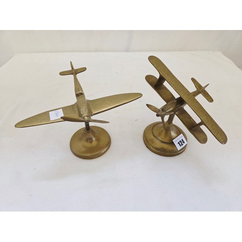 124 - Two brass aviation desk stands, spitfire and biplane
