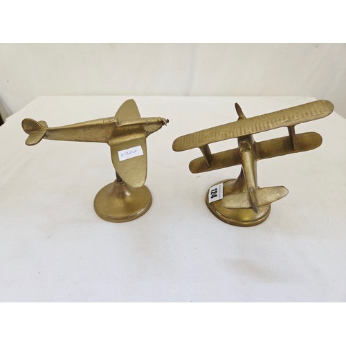 124 - Two brass aviation desk stands, spitfire and biplane