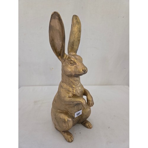 127 - Brass seated gilt sprayed hare figurine approx. 42cm tall