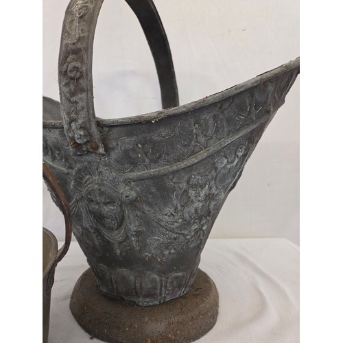 131 - Victorian embossed coal bucket and brass jam pan