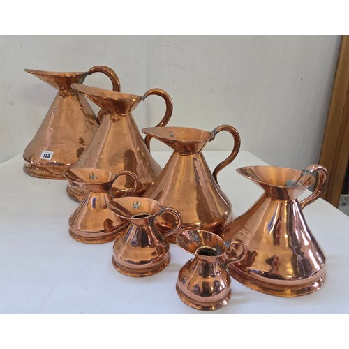 133 - Set of seven Victorian graduated copper measures; gallon to half gill