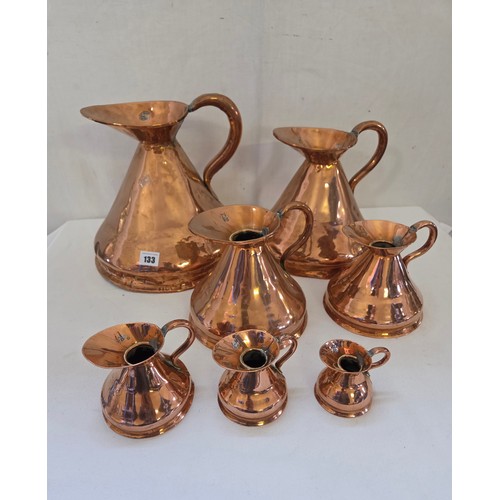 133 - Set of seven Victorian graduated copper measures; gallon to half gill