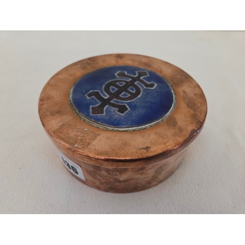 136 - Victorian cylindrical copper box with baize lined interior and Chi Rho enamelled emblem to the lid