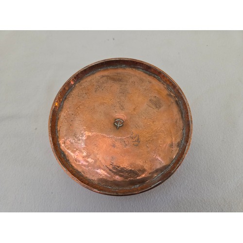 136 - Victorian cylindrical copper box with baize lined interior and Chi Rho enamelled emblem to the lid