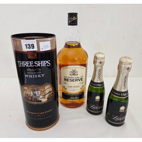 139 - Alcohol, comprising cased 750ml Three Ships whisky, 1.5lt of Special Reserve whisky and 2x 200ml Lan... 
