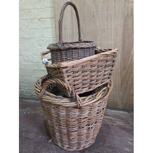 143 - Five various vintage wicker and log carrying baskets