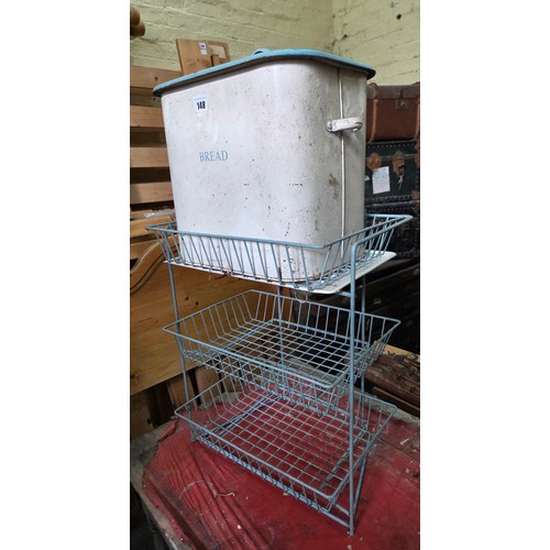 148 - Vintage enamelled bread bin and 3-tier wire mesh vegetable rack